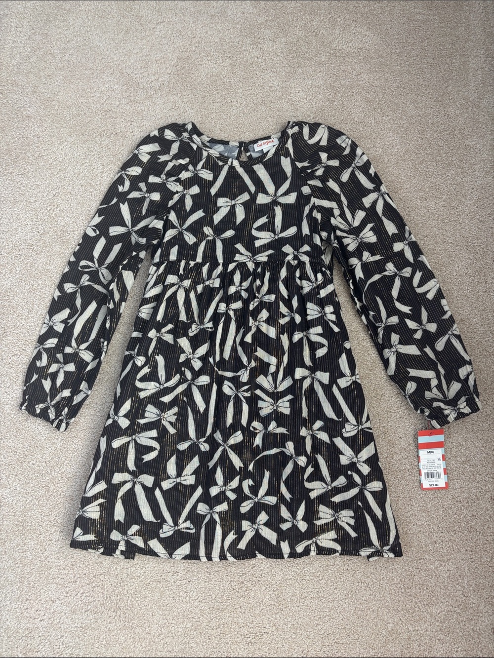 NWT Cat & Jack black & gold bows long sleeve dress, size 8